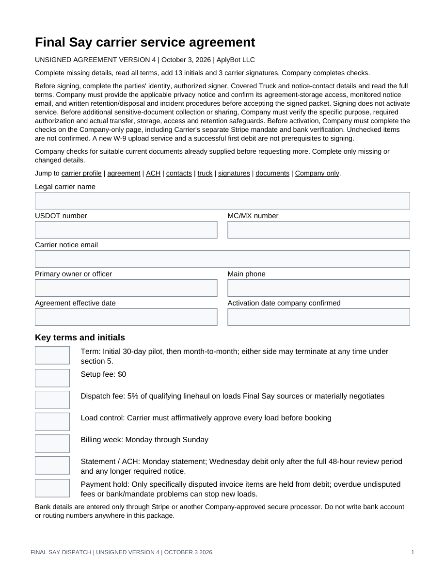 Original generic v4 agreement layout, page 1 of 15